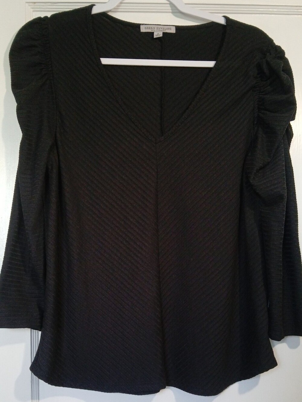 Green Envelope Black Puff Sleeve V-Neck Blouse